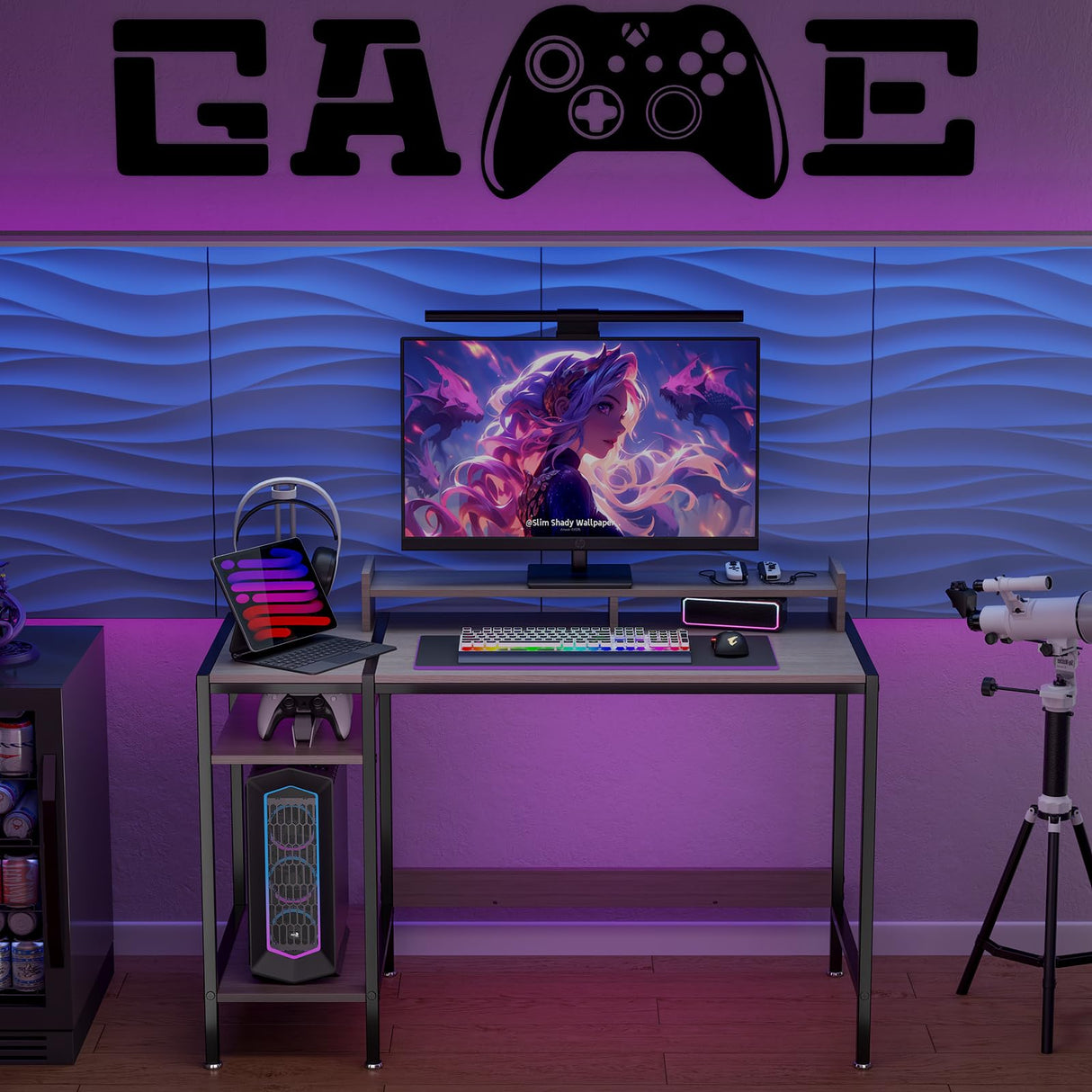 Gaming Home Office Computer Desk with Monitor Stand, Writing Desk for 2 Monitors