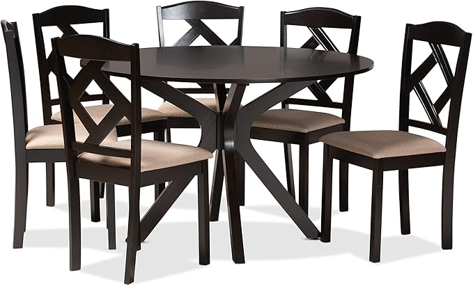 Modern Transitional Grey Fabric Upholstered and Dark Brown Finished Wood 7-Piece