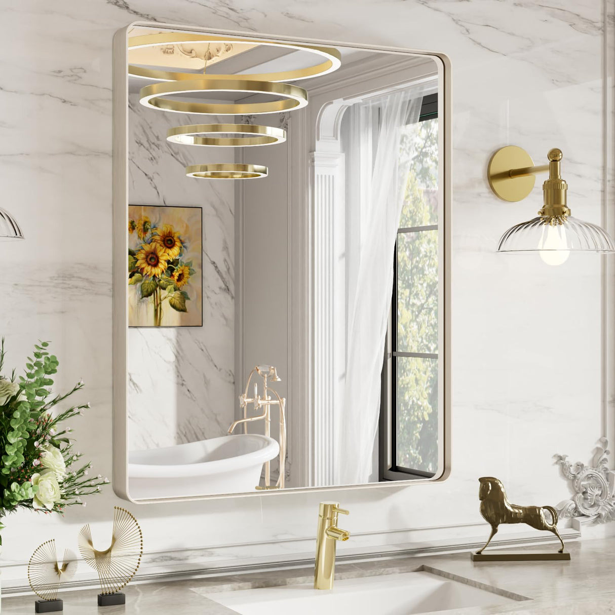 Bathroom Mirror, Rounded Rectangle Silver Metal Frame Mirror