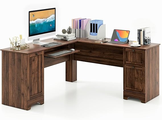 LuxeSpace L-Shaped Office Desk with Storage & Ergonomic Keyboard Tray