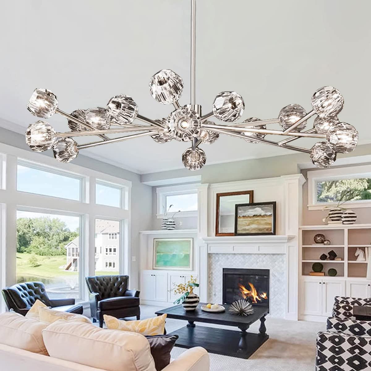 Chandelier Chrome 18-Light Crystal Pendant 43" LED Ceiling Light Pendant, Cut Crystal
