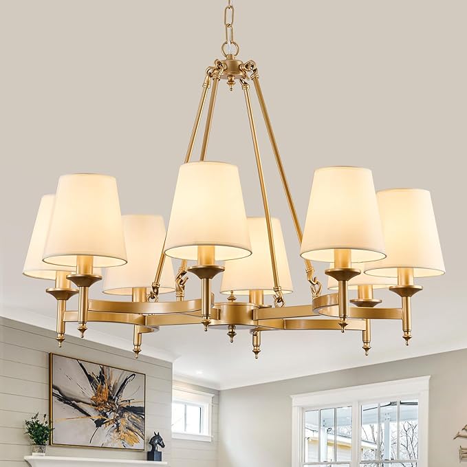 Gold Wagon Wheel Chandelier with White Linen Shade 6-Light Industrial Ceiling Light