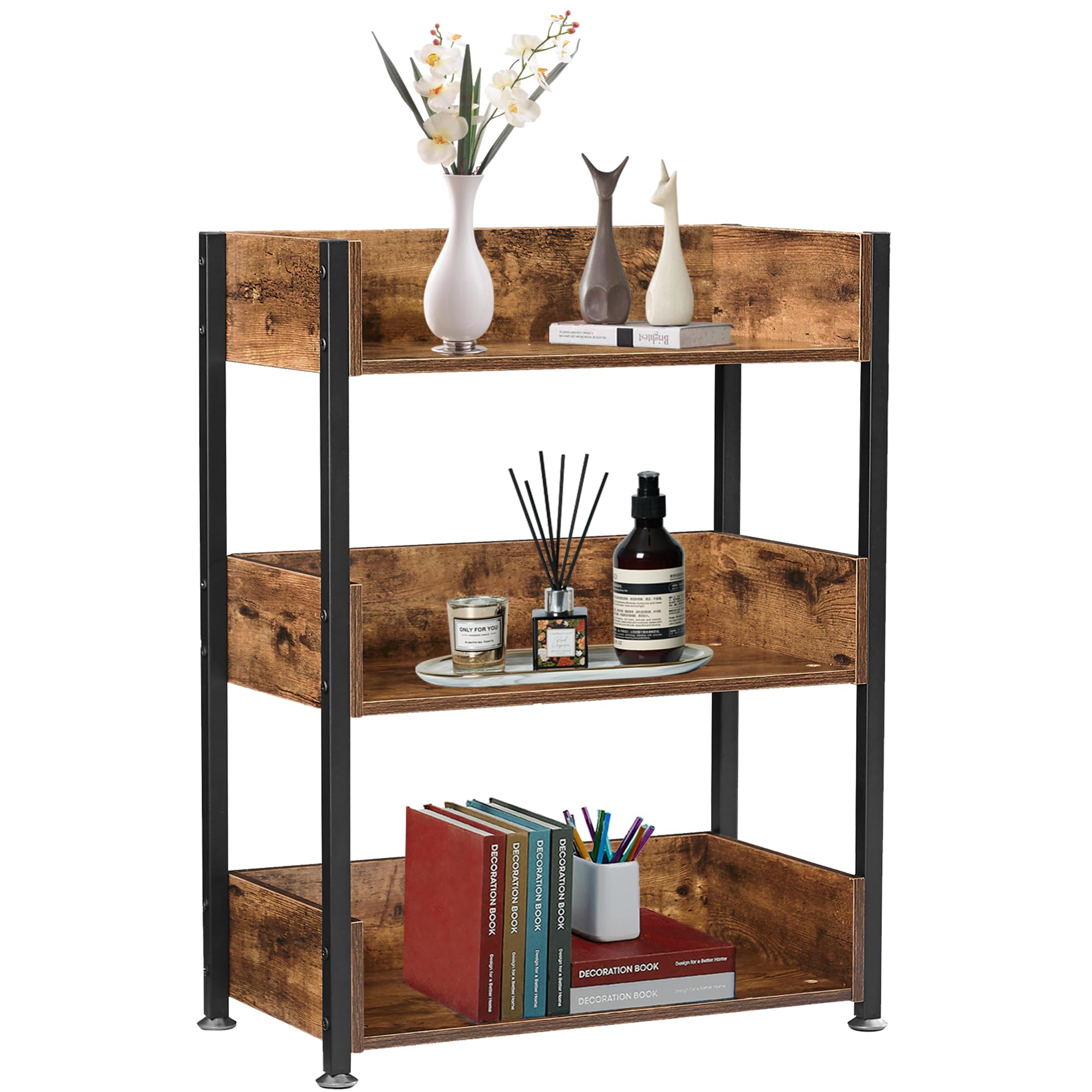 VECELO Bookshelf,Small Bookcase,3-Tier Storage Shelves,Industrial Shelving Unit for Living Room,Bedroom,Classroom,Antique Brown