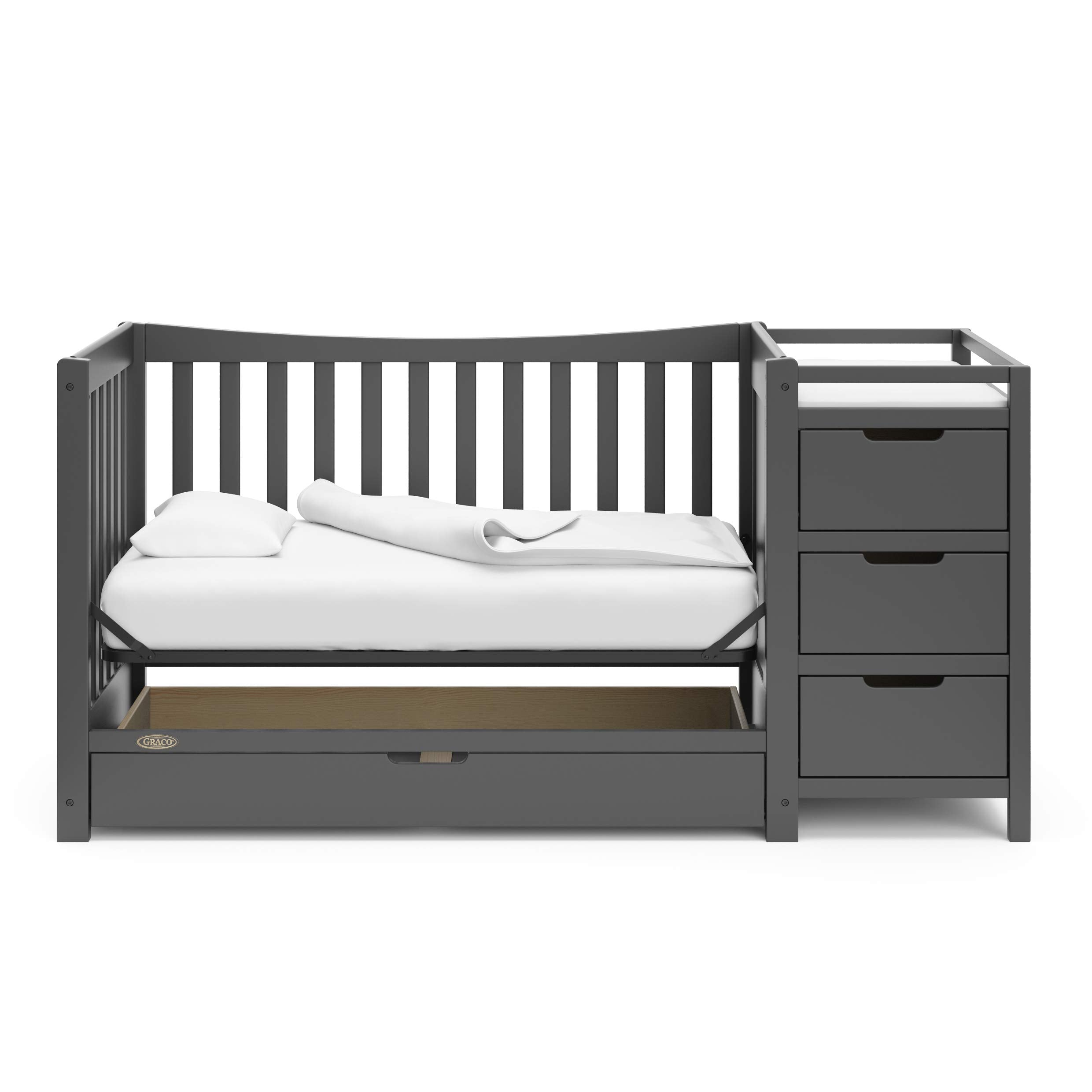 4-in-1 Convertible Crib & Changer with Drawer (Gray) – GREENGUARD Gold Certified, Crib and Changing -Table Combo, Includes Changing Pad, Converts to Toddler Bed, Daybed and Full-Size Bed