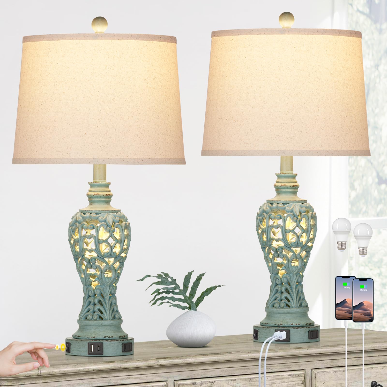 Rinweey Farmhouse Table Lamps Set of 2 with Nightlight, Coastal Bedside Lamps with USB A+C Ports & AC Outlet, Blue Vintage Nightstand Lamps for Bedroom Living Room