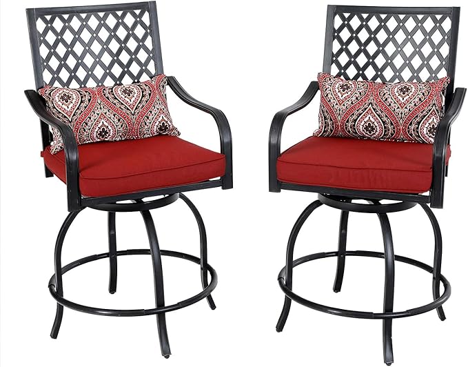 Outdoor Swivel Bar Stools Set of 4, 24" Counter Height Patio Bar Chairs with Grey Cushion, Rattan Backrest and Wood-Like Armrest for Garden, Yard, Deck