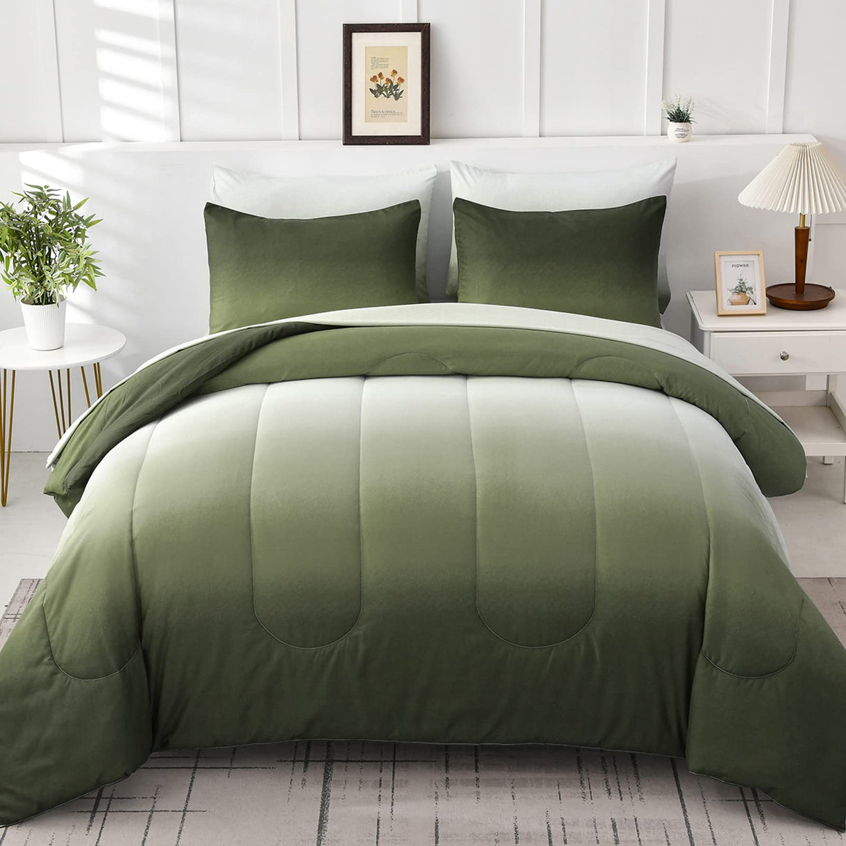 Comforter Set Queen Green 7 Pieces Gradient Olive Green Lightweight Bed in a Bag Queen Size Set