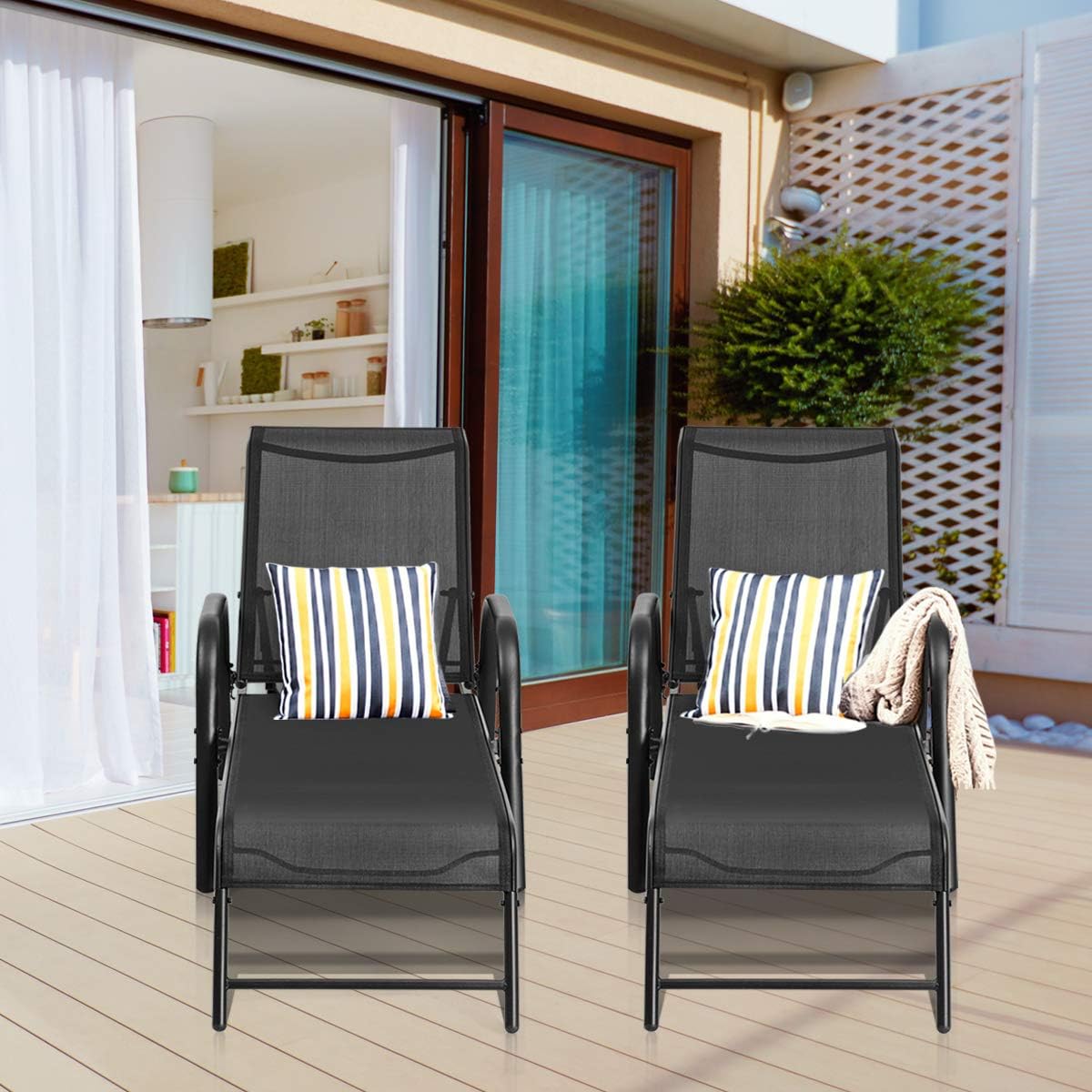 Patio Lounge Chaise, (Set of 2) Adjustable Folding Reclining Lounge Chairs, 5-Position