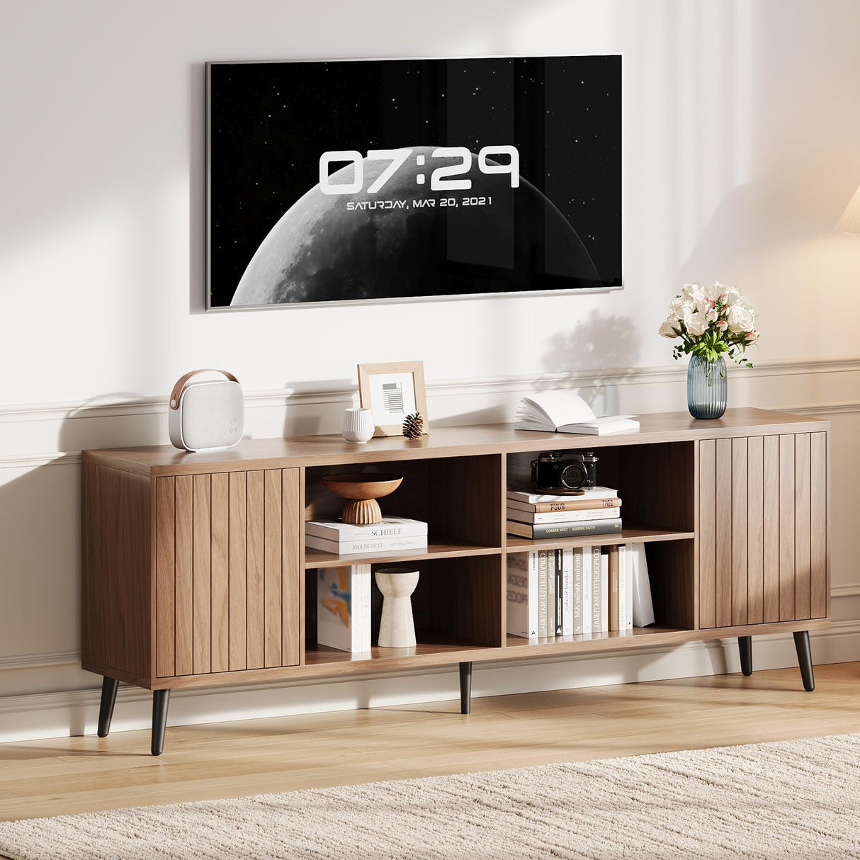 70" Fluted TV Stand with Adjustable Storage Shelves