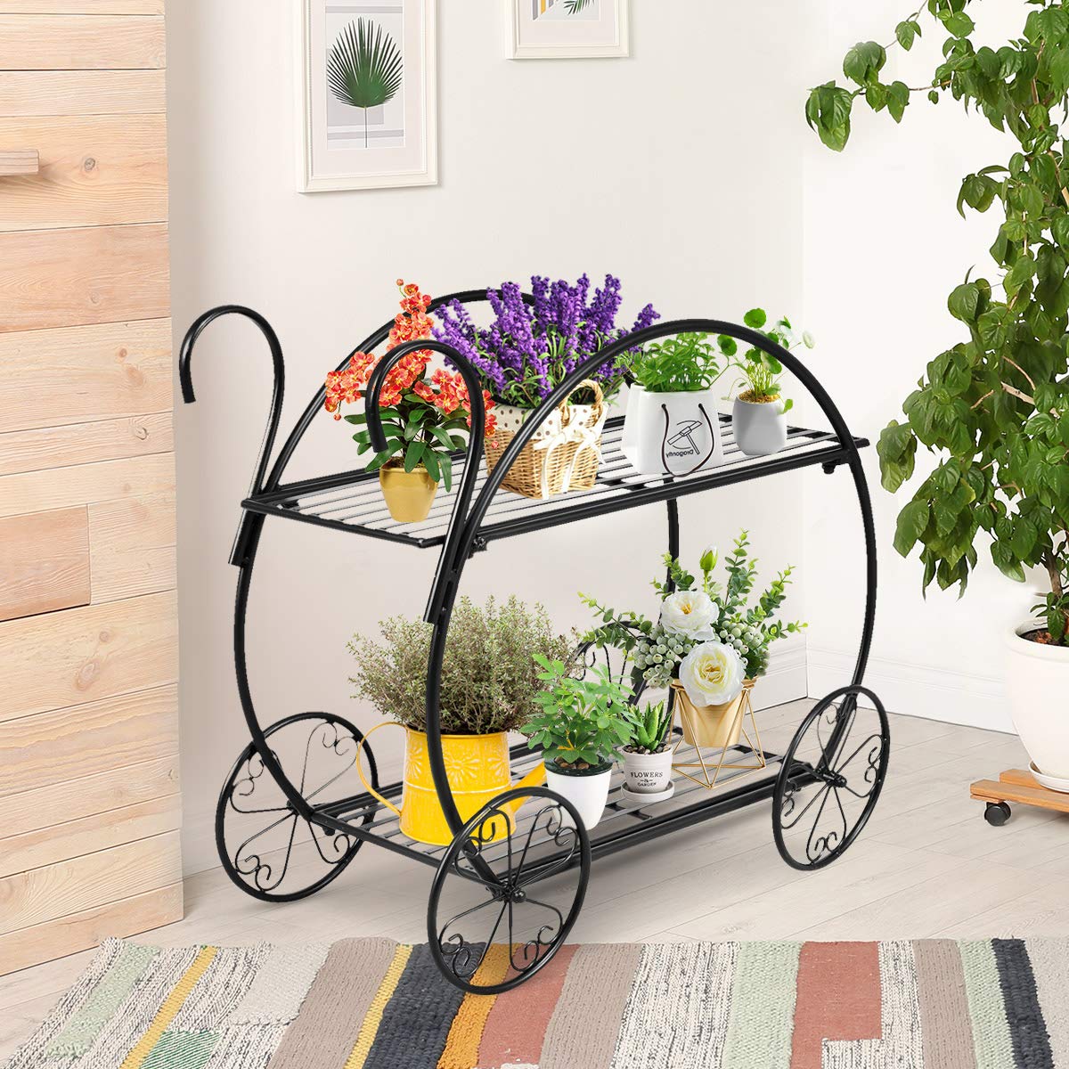 Elegant 2-Tier Garden Cart with Decorative Wheels