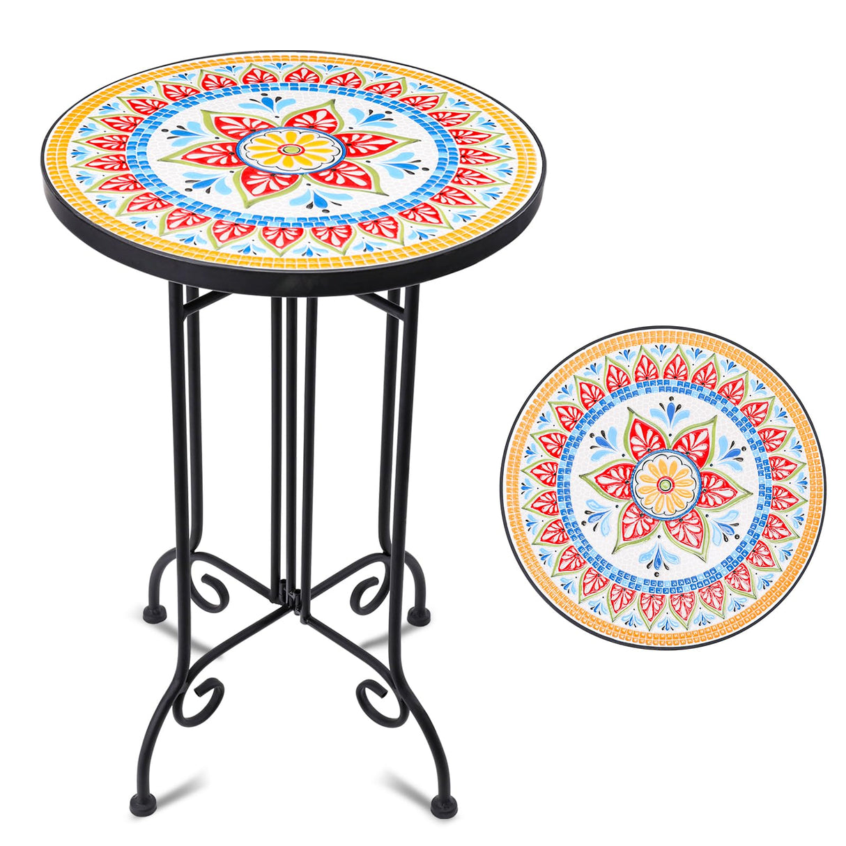 Mosaic Outdoor Side Table, Round Rustproof Patio Tables with 14" Ceramic Tile Top