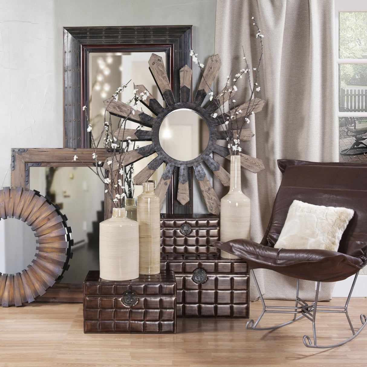 Hanging Rectangular Mirror for Wall, Large Natural Wooden Frame Mirror