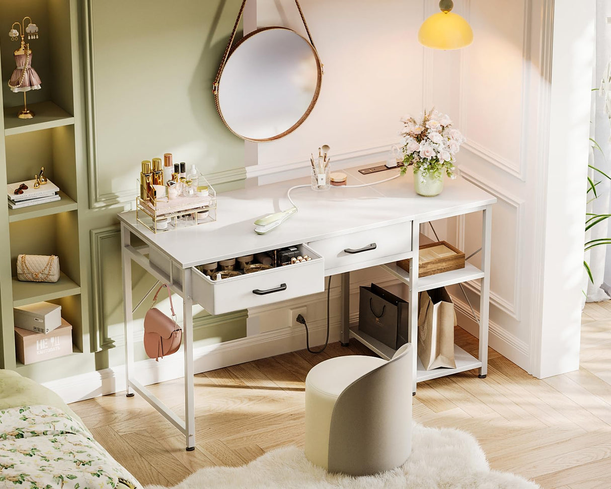 Laptop Desk, 40 Inch Small Desk with Drawers & Power Outlet for Bedroom