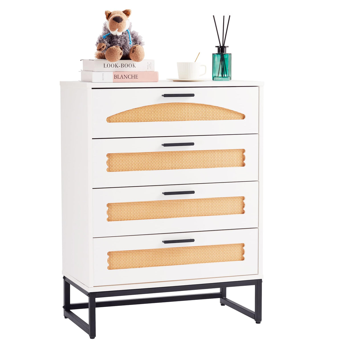 Mericonia 4/5 Drawer Rattan Dresser for Bedroom, Wooden Chest of Dressers, Modern Dresser Chest with Golden Handles for Bedroom,Living Room, Hallway and Entryway