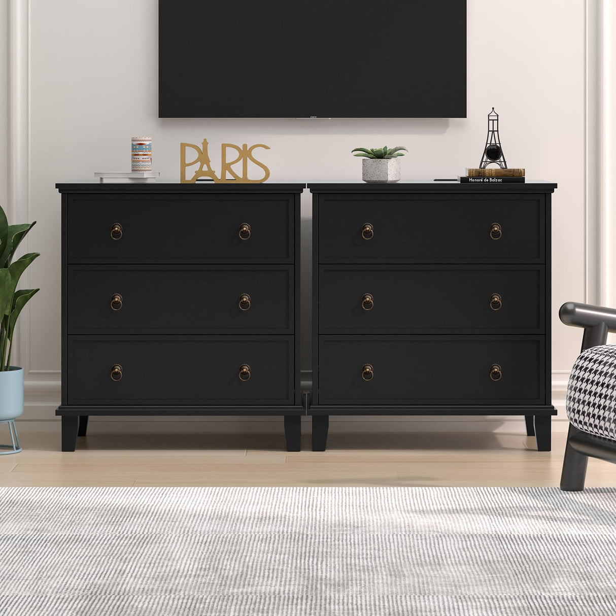 Large Black Nightstand with Charging Station, 3 Drawers Nightstand 29.8" X 27.6"