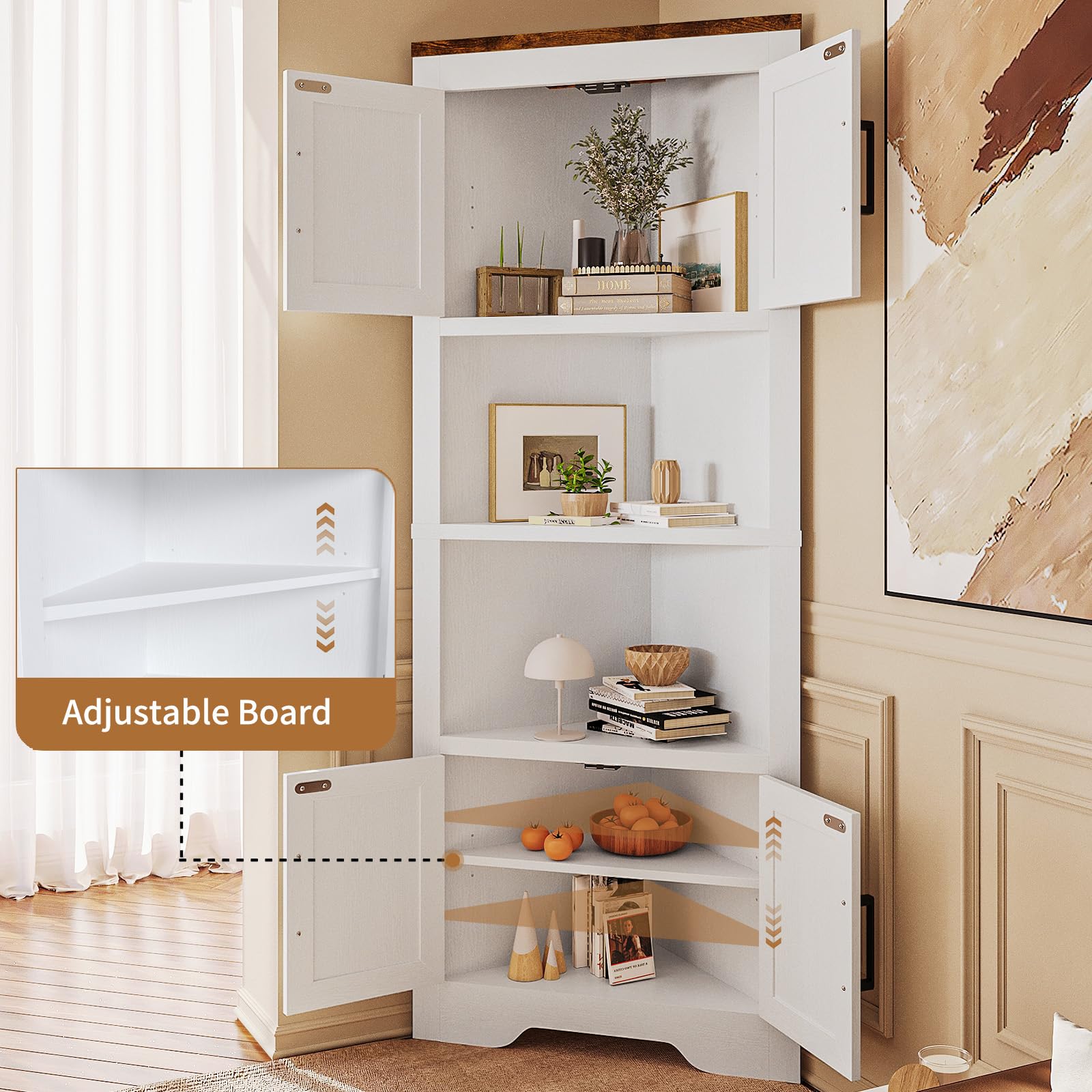 oneinmil 66" Tall Farmhouse Corner Cabinet, Corner Storage Cabinet, Corner Shelf with 4 Doors & Adjustable Shelves, Home Storage Organizer, for Living Room, Bedroom, Kitchen, White