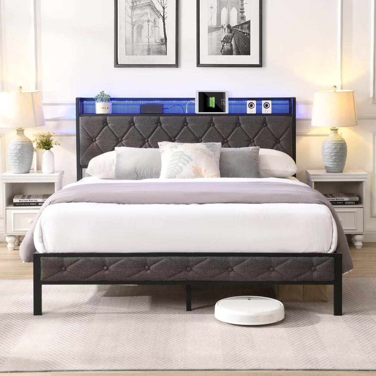 Queen Size Queen Bed Frame Metal Platform Bed Frame Storage Headboard