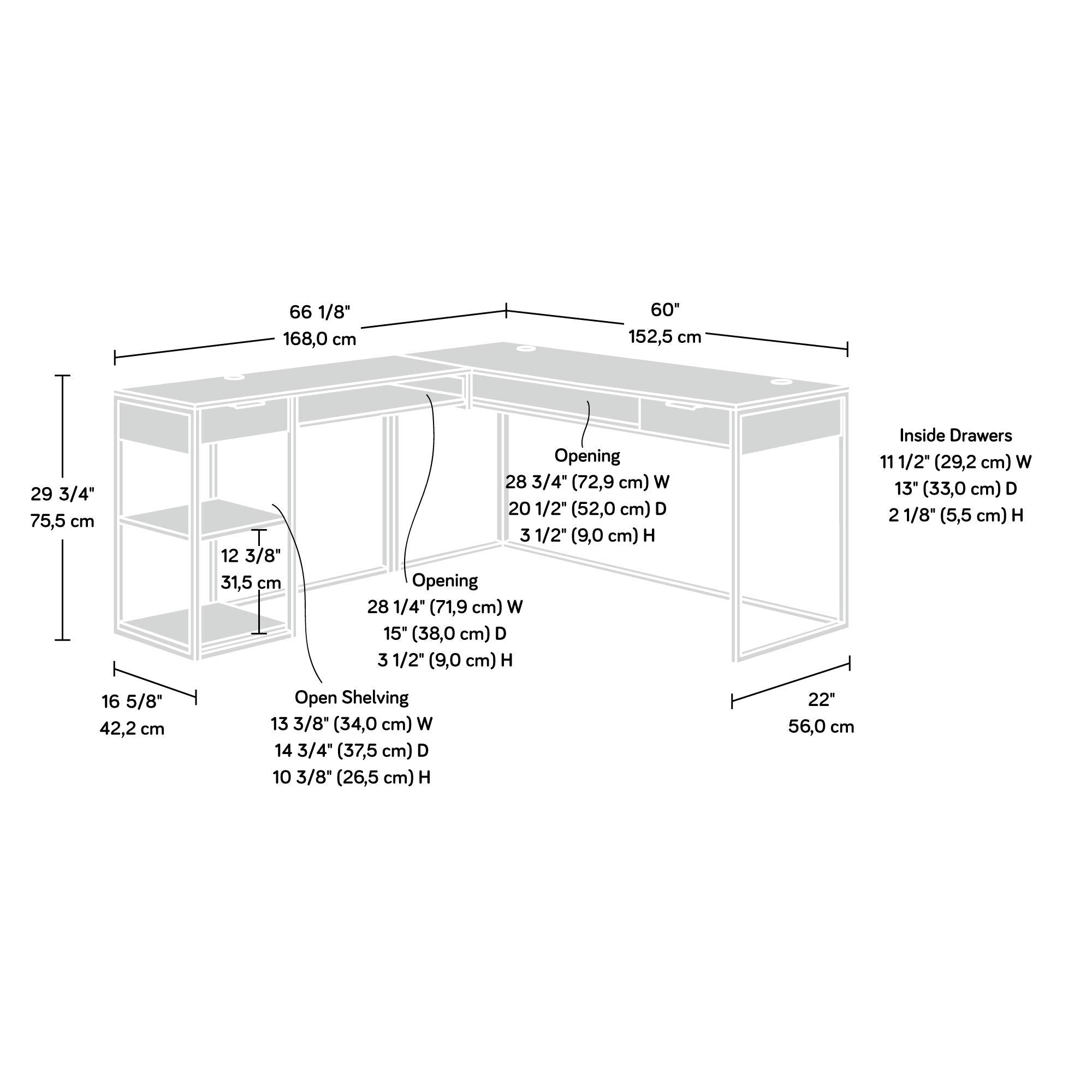International Lux L-Shaped Desk, L: 65.98" x W: 60.0" x H: 29.72", Diamond Ash Finish