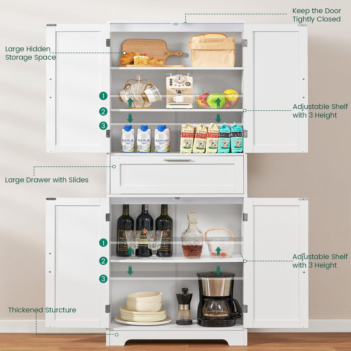 H Tall Storage Cabinet, Pantry Cabinet with 1 Large Drawer & 2 Adjustable Shelves,Tall Cabinet, Freestanding Cupboard