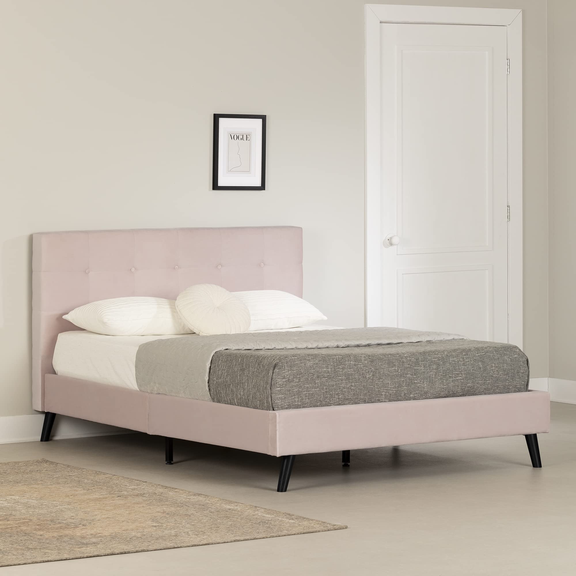 Maliza Upholstered Complete Platform Bed, Full, Pale Pink