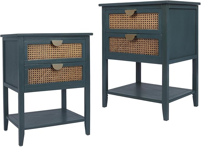 Rattan Nightstands Set of 2 - Night Stand with Drawers, Accent End Table