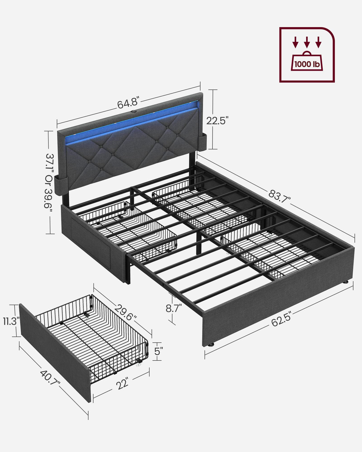LED Bed Frame Queen Size with Headboard and 4 Drawers, 1 USB Port and 1 Type C Port,