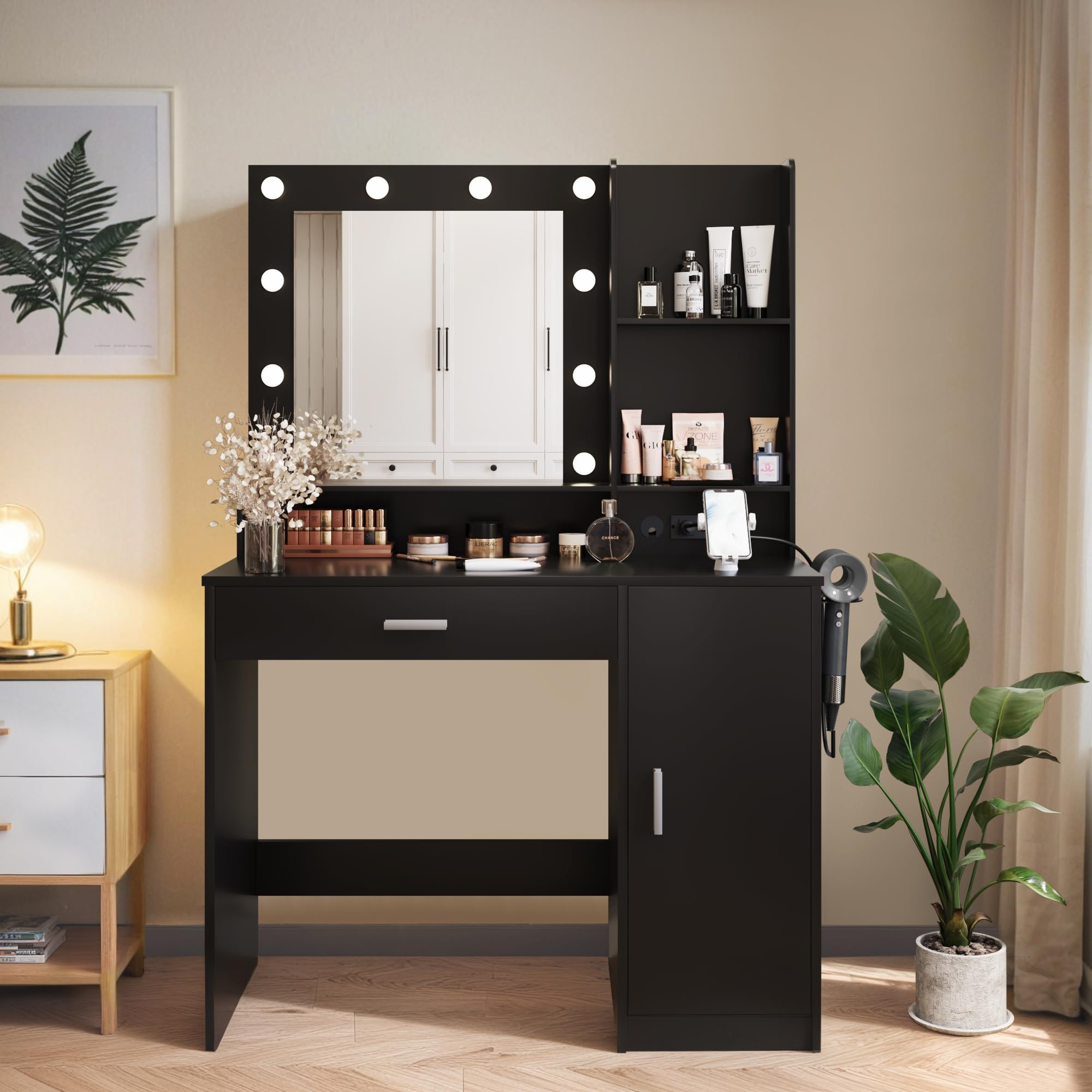 Desk with LED Lighted Mirror, Makeup Table with Hairdryer Holder and Power Outlet,