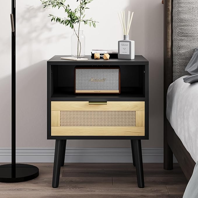 Natural Rattan Nightstand with Drawer, Boho Large Bedside Table with Open Shelf