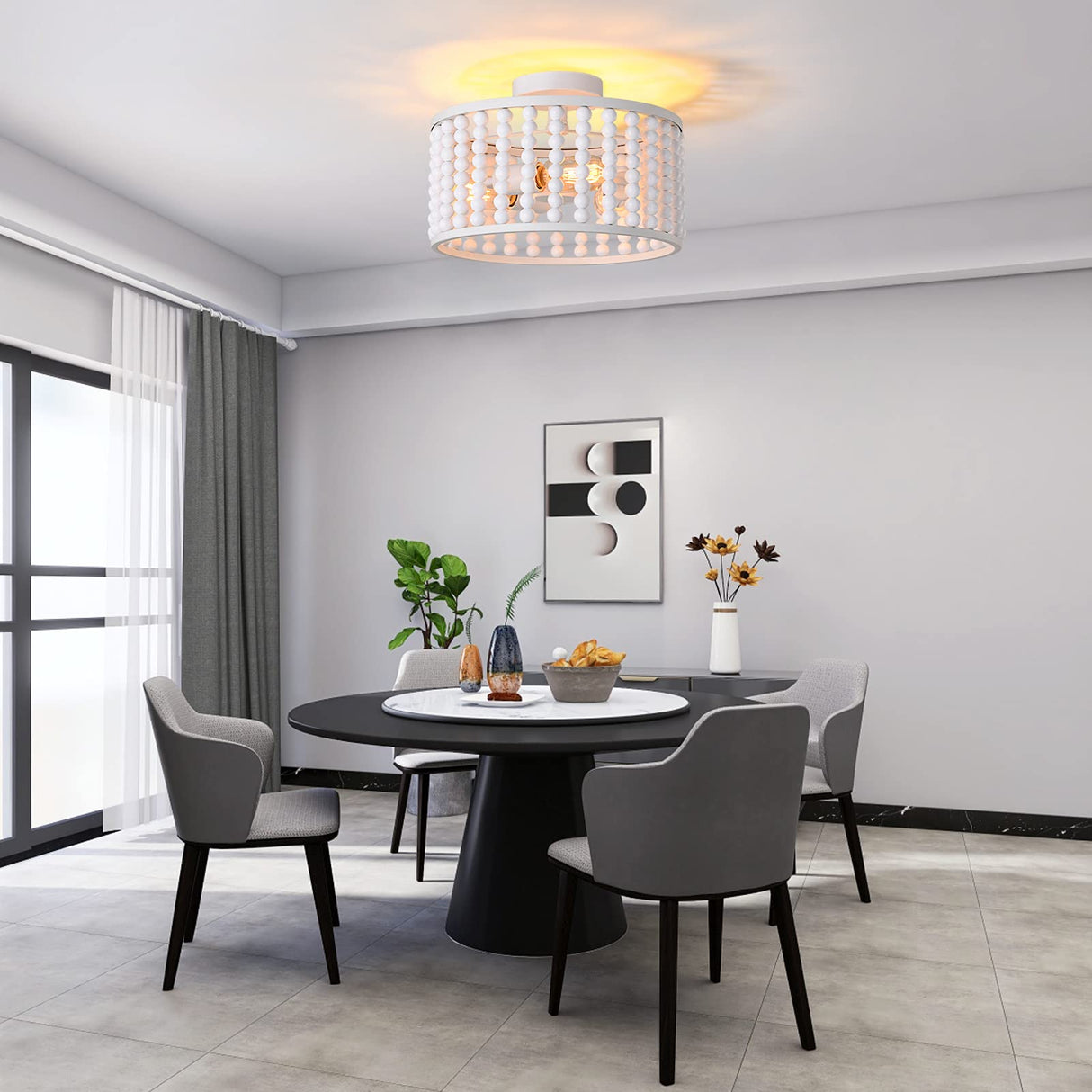 Boho Light Fixture, 3-Light Wood Beaded Chandelier, White Semi-Flush Mount Ceiling