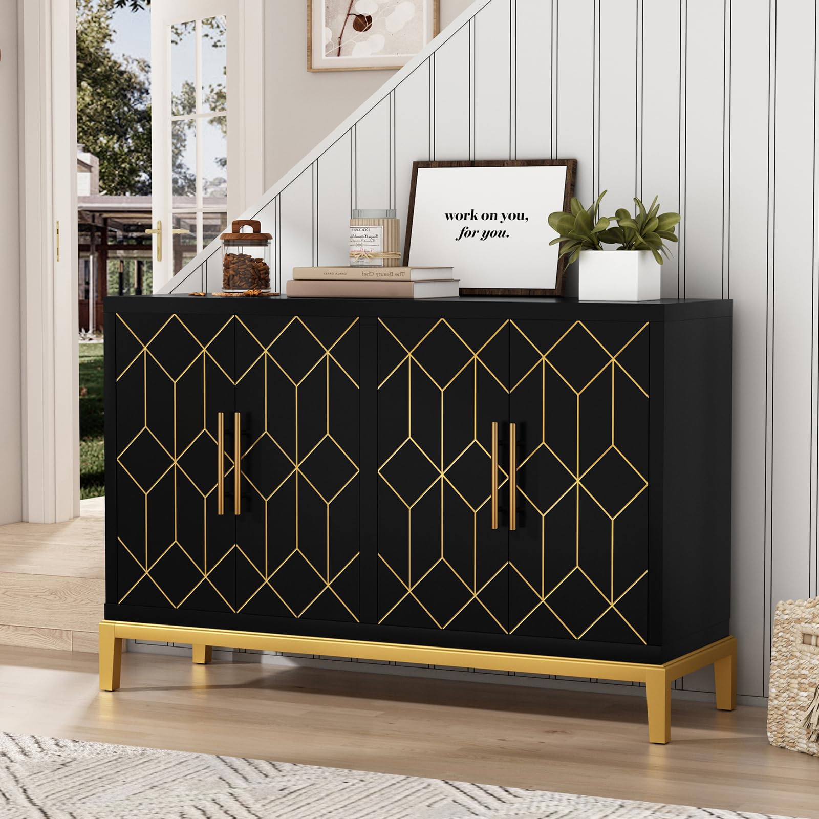 Sideboard Buffet Cabinet with 4 Doors&Shelves, Carved Decorative Accent Storage