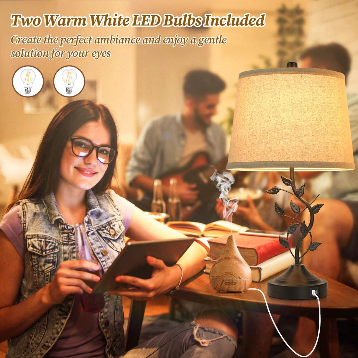 3-Way Dimmable Touch Table Lamps for Living Room Set of 2 Traditional Lamps for Bedroom with 2 USB Charging Ports Bedside Nightstand Lamps for Reading Retro Vine Lamps End Table Office, Bulbs Included