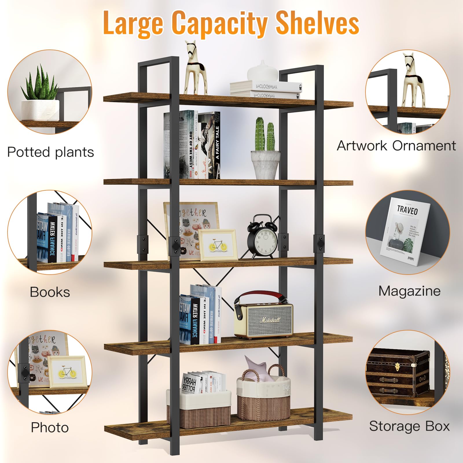 5 Tier Bookshelf, 70 inch Tall Solid Bookcase Industrial Wooden Bookshelves