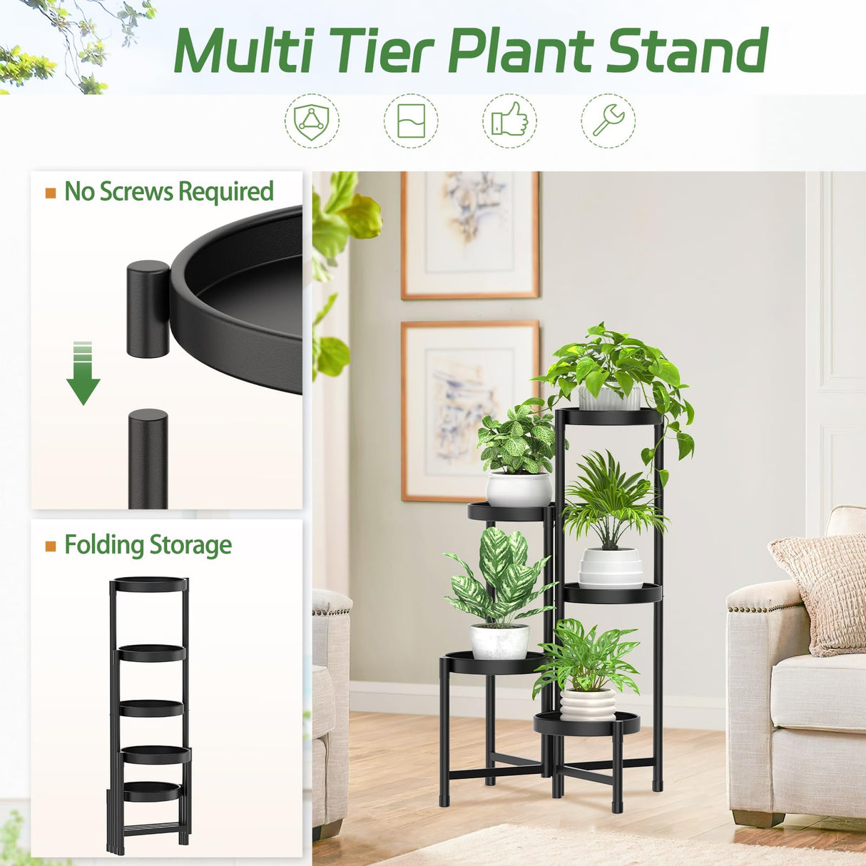 Foldable 5-Tier Metal Plant Stand Space Saving Corner Shelf