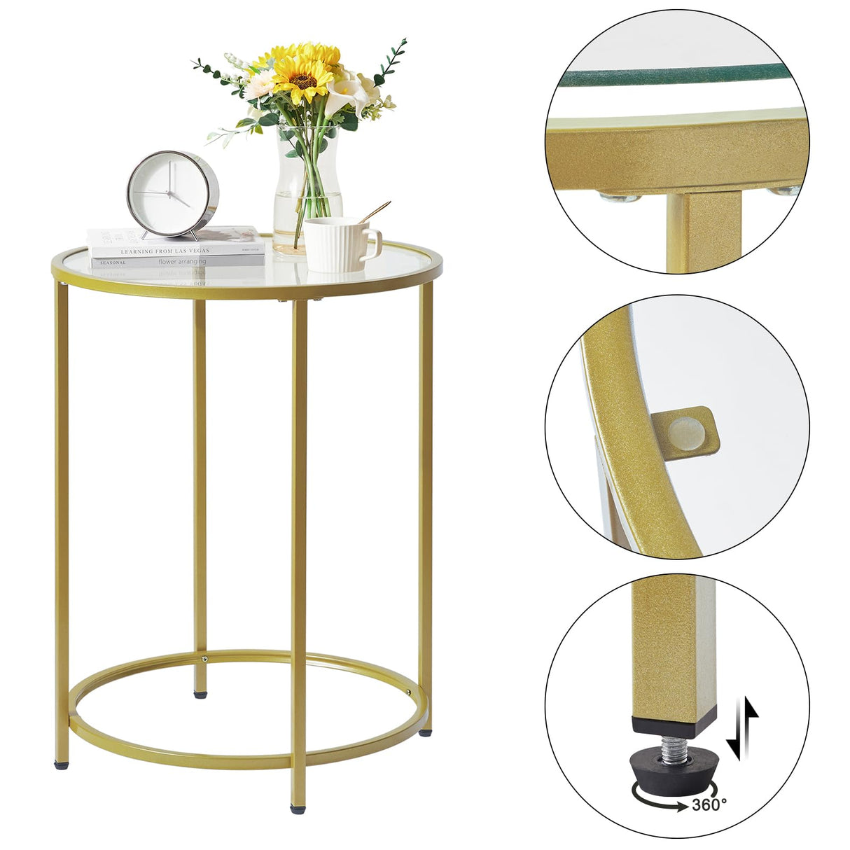 Round End Table, Tempered Glass Sofa Side Table, Gold Coffee Table for Office Bedroom Living Room