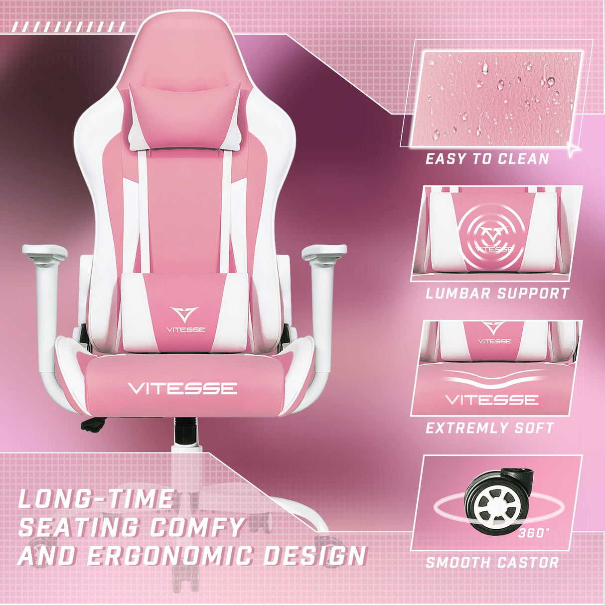 Pink Gaming Chair with Lumbar Support and Headrest