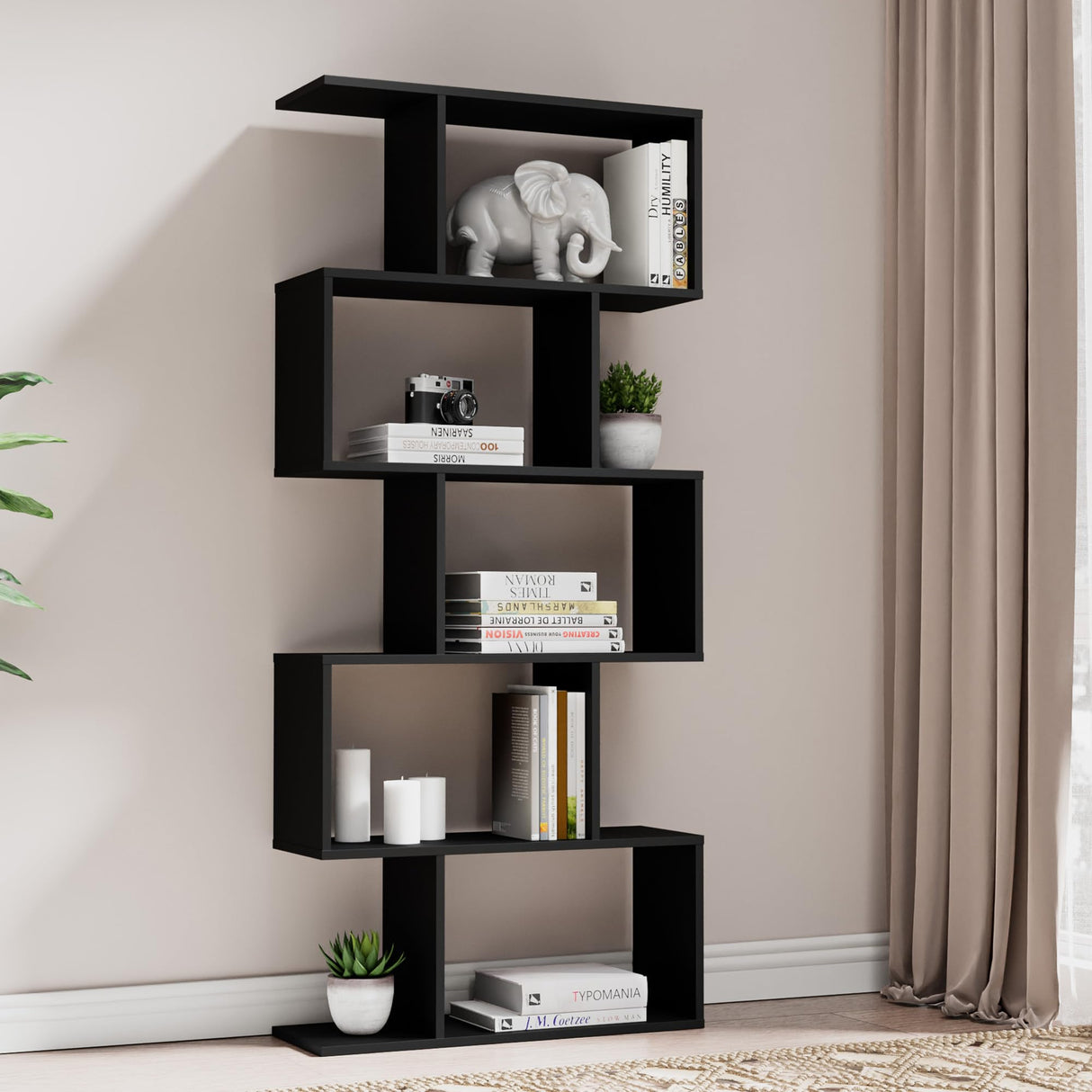 Castle Set of 2 Geometric Bookcase, S-Shaped Modern Bookshelf, Room Divider Bookshelf, 62" Tall Unique Abstract Bookcase with 5-Tier Display Shelf for Living Room Office, Black