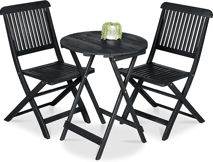 Acacia Wood Bistro Set - 3-Piece Folding Patio Furniture with 2 Chairs & Round Coffee Table