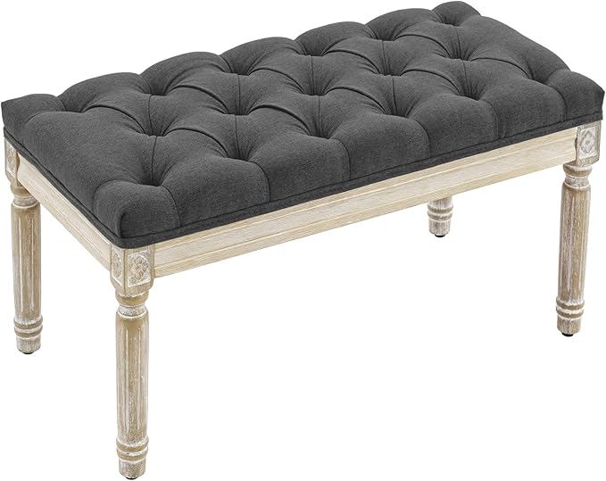 French Vintage Bench, Linen Fabric Entryway Bench