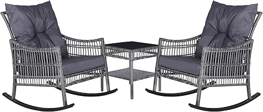 3-Piece Outdoor Rattan Rocking Bistro Set with Cushions & Glass Table