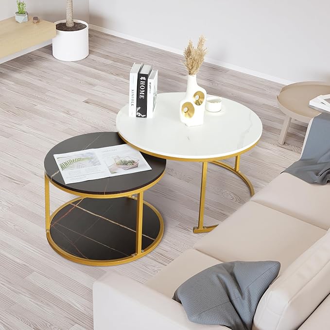 Nesting Round Coffee Table 2 Sets, Marble Look Wood Side Table