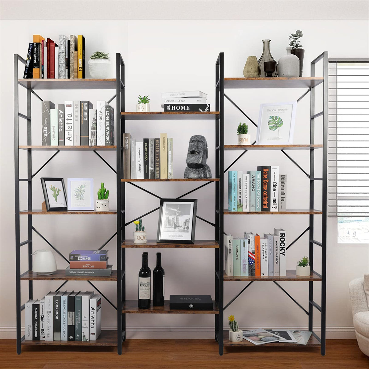 5-Tier Large Bookcase, Triple Wide Bookshelf Storage Organizer with Sturdy Metal Frame