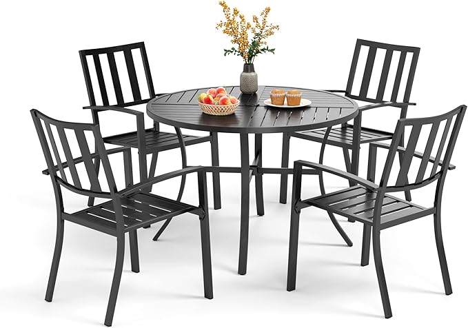 5 Piece Outdoor Dining Table Set for 4, 42” Round Steel Dining Table
