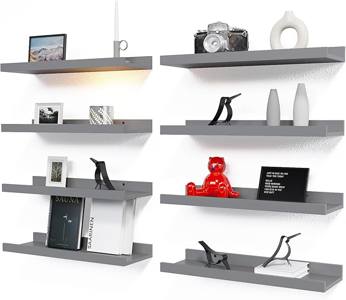 Floating Wall Mounted Shelves, 8pc Set with Lip - Black Nursery Book Shelves for Bedroom