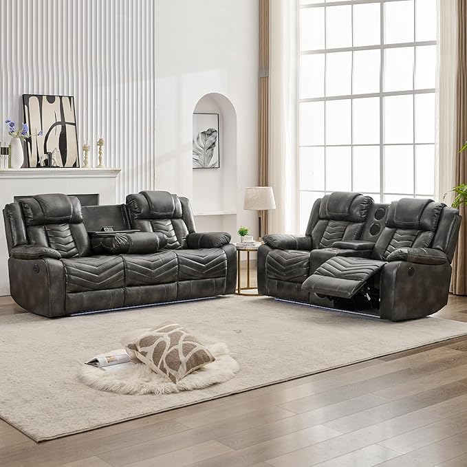 Power Recliner Sofa Set,Faux Leather Electric Reclining Couch and Loveseat Set