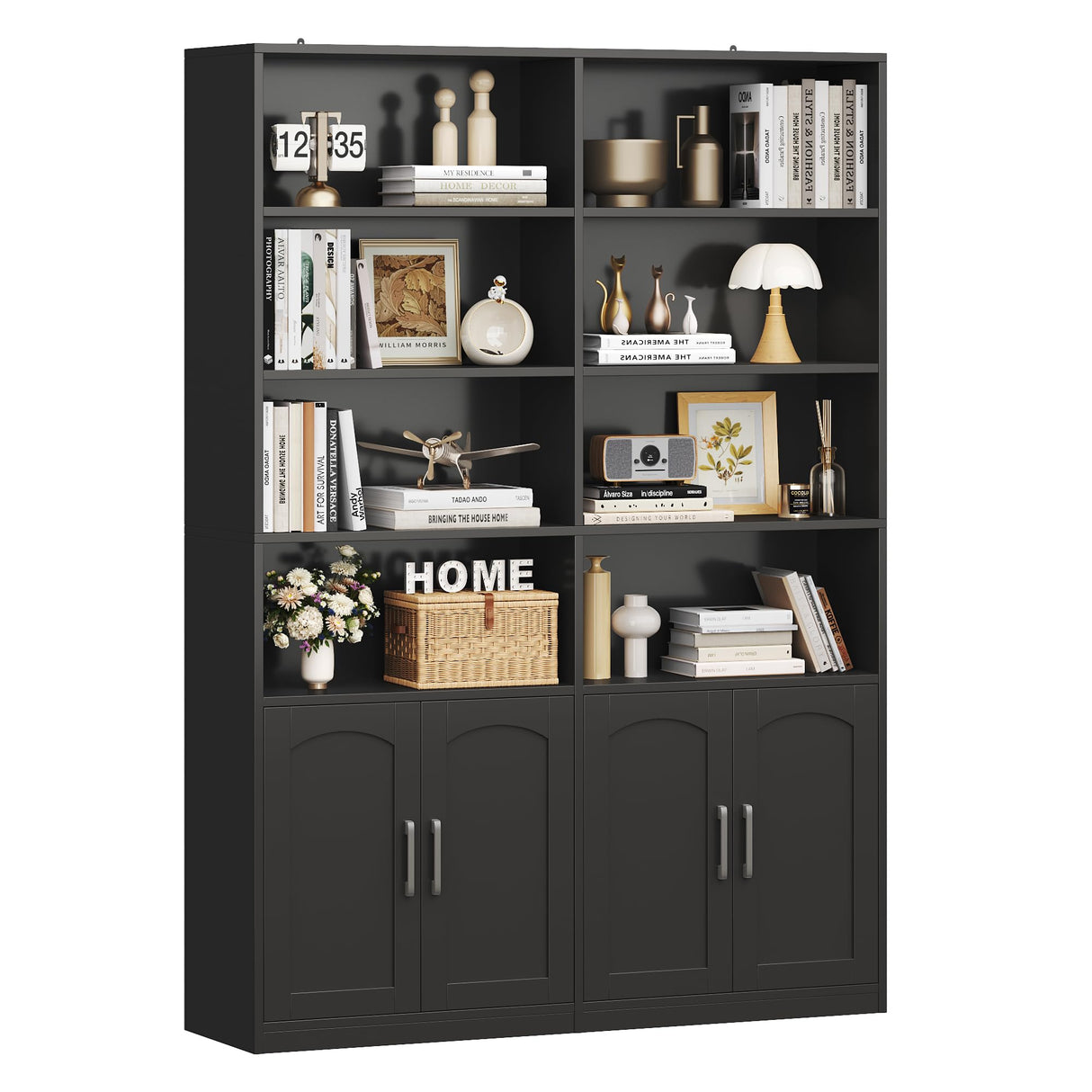 Bookshelf and Bookcase with Doors, 6 Tier Double Wide Large Bookshelves, Open Display Shelves, 73'' Tall Bookshelf with Storage Cabinets for Home Office, Living Room, Library, Black