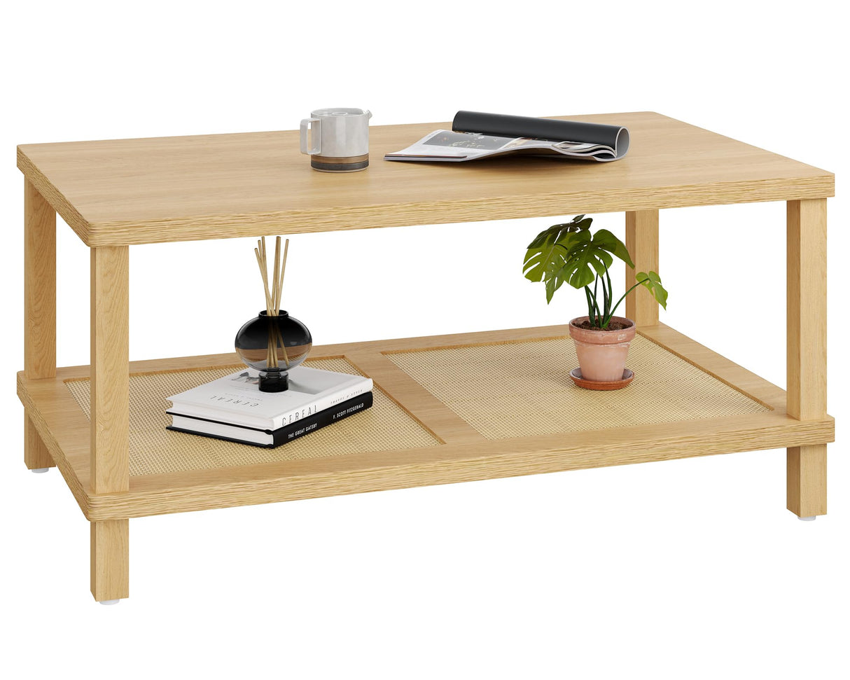 Rattan Coffee Table for Living Room,2-Tier Wooden Center Table
