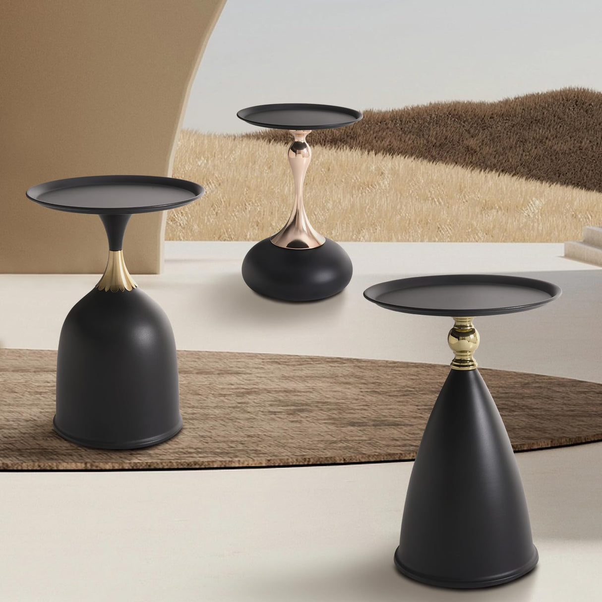 Small Side Table Round End Table, Black Accent Table Modern Minimalist Metal Circle Pedestal Table