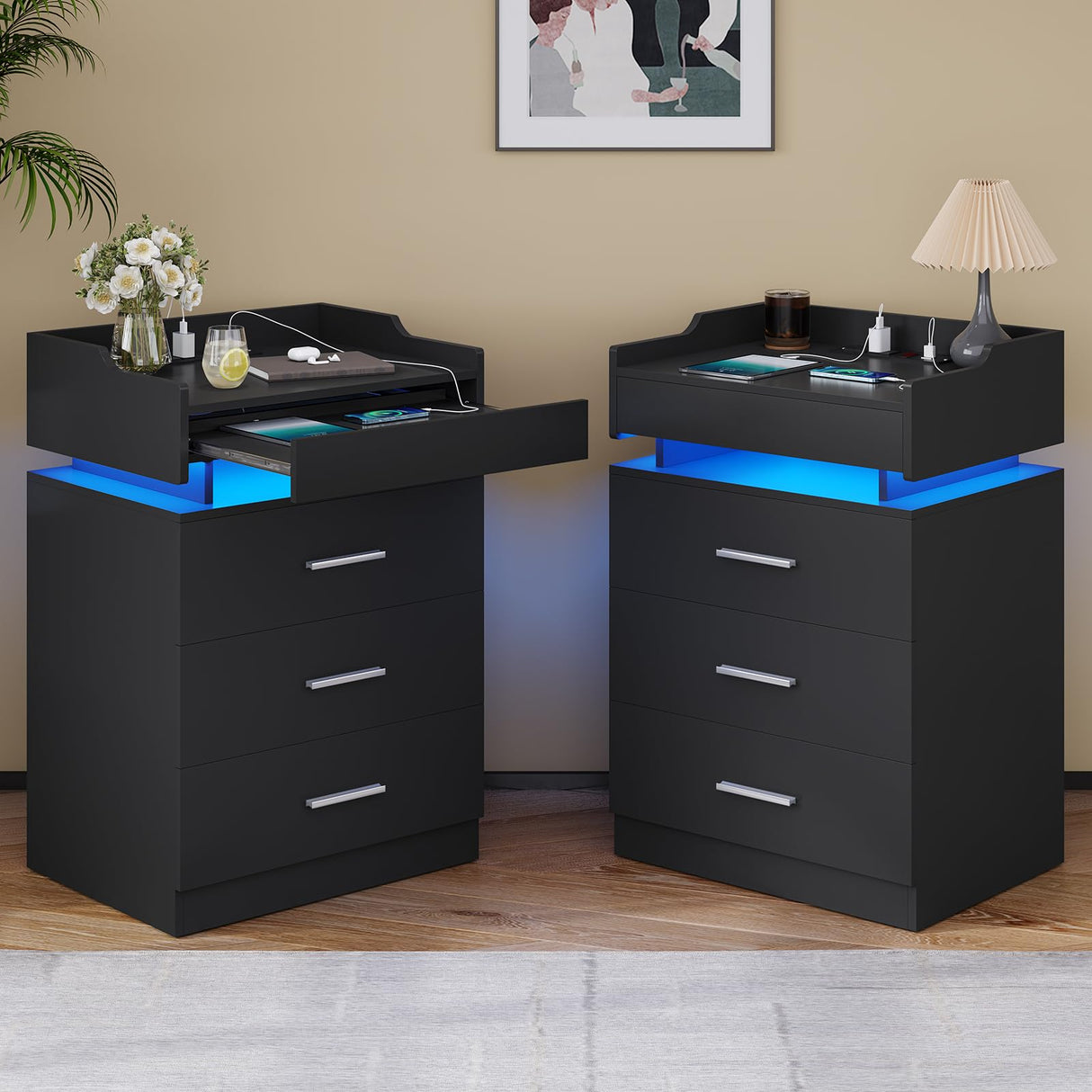 LED Nightstand Set of 2, Large Night Stand