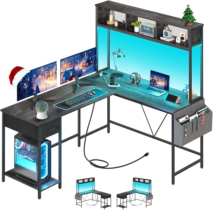 Shaped Desk Gaming Desk with LED Strip & Power Outlet, Reversible L-Shaped Computer