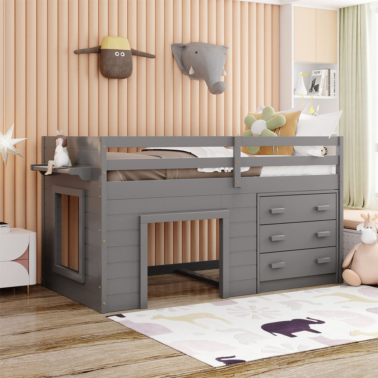 Low Loft Beds with 3 Drawers Twin Loft Bed Frame with Cabinet and Bedside Tray Wood Farmhouse Loft Bed for Kids Girls Boys Teens, Gray